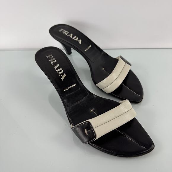 PRADA Kitten Heel Slip on Mules Black White Made in Italy Womens 7.5 - 38 EU - Picture 1 of 8